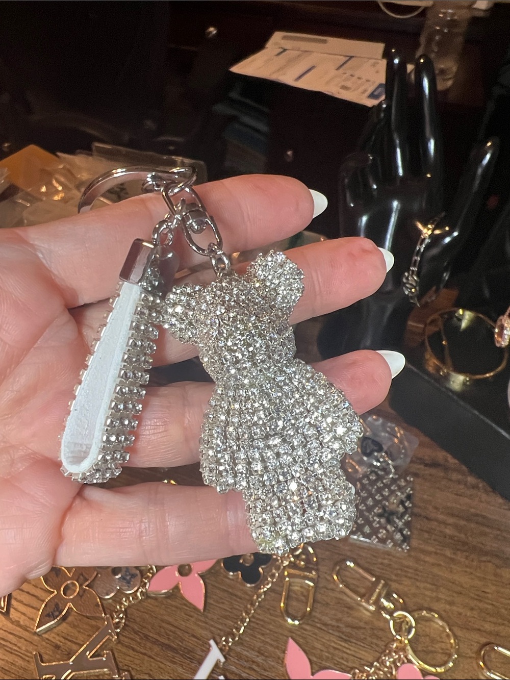 Silver Crystal Dress Key & Card Holder Charm with White Strap